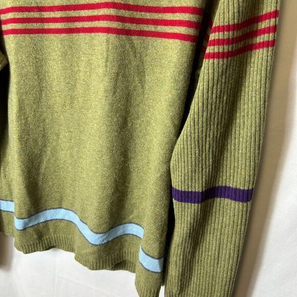 Gene Meyer Olive 100% Cashmere Red Blue Striped Crewneck Sweater Size XL - Picture 6 of 10